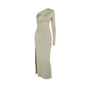 Elegantes bohnenünes Ein-Schulter-Maxikleid mit Seitenschlitz und Raffung für Damen