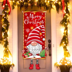 Christmas Hanging Banner Polyester Gnome Pattern Merry Christmas Outdoor Front Door Flag Vertical Holiday Home Decor