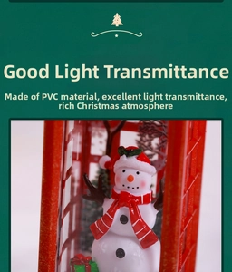 Detailed macro view of PVC Christmas telephone booth lantern with snowman figure inside