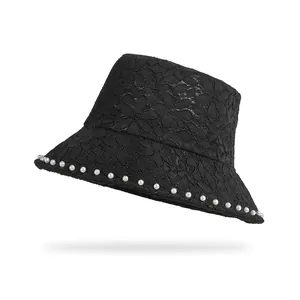 Elegant black lace sun hat with pearl trim and floral patterns for a vintage look