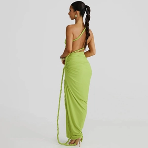 Detail view of avocado green one-shoulder dress with lace-up back and draped side ruching