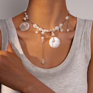 Imitation Artificial Pearl Clavicle Necklace With Shell Charms Alloy Chain Fringe Tassel Summer Beach Vacation Jewelry For Women