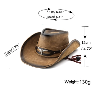 Detailed view of brown cowboy hat with silver bull head emblem and adjustable chin strap