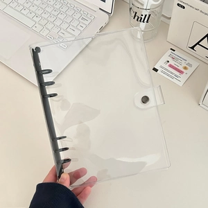 Detailed view of A5 A6 clear PVC notebook binder with a black 6-hole metal clip