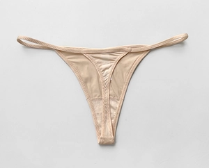 Detail of nude ice silk thong featuring ultra-thin side straps and breathable mesh texture