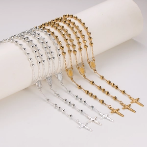 Fashion cross pendant rosary necklace with Mary medal in gold and silver set