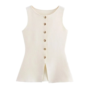 Débardeur en maille blanc cassé pour femme avec boutons dorés et col rond de style élégant