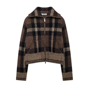 Giacca Cardigan In Maglia Da Donna Plaid Cerniera Risvolto Maniche Lunghe Casual Vintage