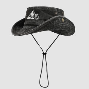 Washed Cotton Outdoor Bucket Hat With Mountain Embroidery Wide Brim Adjustable Windproof Rope For Hiking Camping