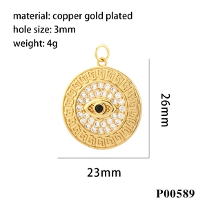 Detailed specs of gold plated copper evil eye pendant with dimensions and hole size