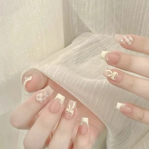 French Style Press On Nails Nude Pink Bowknot Plaid Artificial Pearls Rhinestones Square Long Fake Nails Sweet Elegant For Women