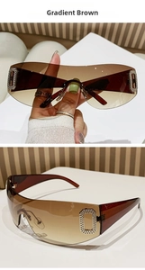 Close-up of brown gradient Y2K sunglasses featuring elegant rectangle rhinestone details