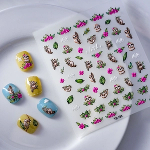 5D cartoon sloth nail stickers with tropical leaves and flowers for DIY nail art