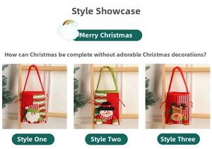 Detail of Christmas gift bags featuring 3D Santa, Snowman and Reindeer cartoon plush designs