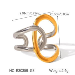 Detail view of two-tone stainless steel ring with dimensions 2.01x2.16cm and 2.4g weight