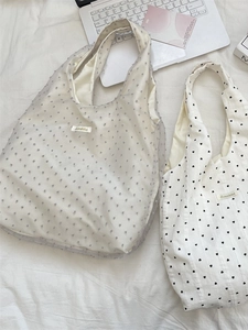 Chic organza polka dot tote and heart print cotton shoulder bag set on white background