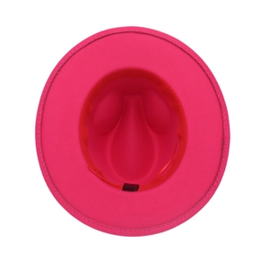 Detail view of the rose pink cashmere felt jazz hat interior with stitching