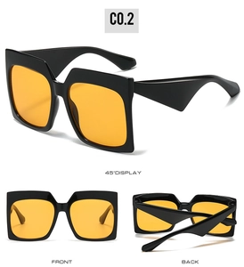 Three perspectives of square black frame sunglasses with vibrant orange lenses