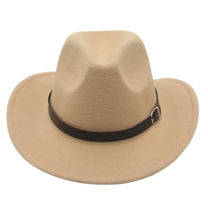 Close-up of khaki western cowboy felt hat featuring a brown leather belt with metal buckle