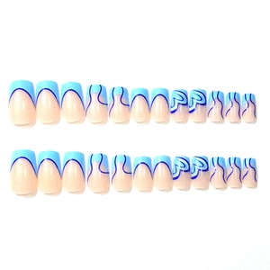 24pcs French wave blue heart press-on nails set with medium square shape style