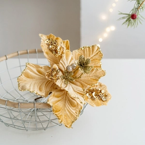 Golden 22cm velvet Christmas poinsettia with sequins for festive tree decoration