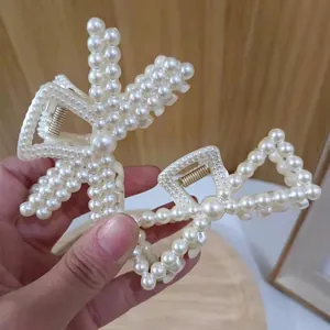 Elegant large pearl hair claw clips set in ivory white, set of two shark clips for women