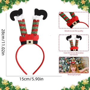 Christmas elf leg headband with glitter red green stripes and sizing measurements
