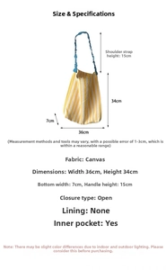 Size chart for striped canvas tote bag showing dimensions 36x34x7cm and blue strap