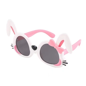 Cute bunny-shaped kids sunglasses in pink and white with decorative 3D rabbit ears