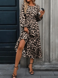 Elegant leopard print A-line dress with lantern sleeves and a ruffled hemline