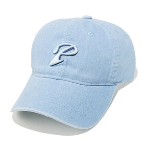 Close-up of vintage light blue washed cotton baseball cap with 3D embroidered P logo