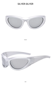 Front and side views of silver futuristic Y2K sports sunglasses with metallic finish