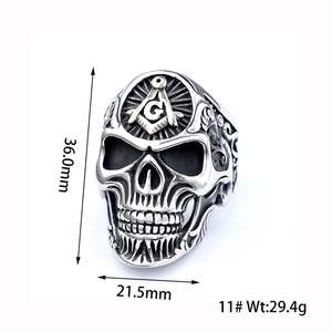 Detailed view of skull ring dimensions 36mm x 21.5mm and Masonic emblem on stainless steel