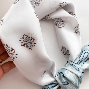 Satin paisley square scarf in white and blue, soft texture and elegant silk finish
