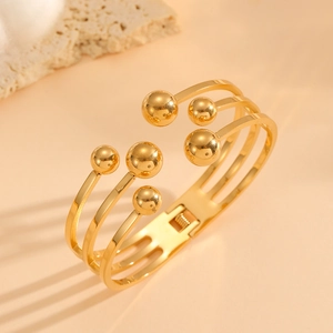 Modern gold-plated stainless steel triple-layer open bangle with bead ends for women