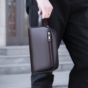 Men's large capacity brown leather business clutch bag with password lock and wrist strap