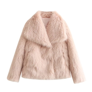 Detailed close-up of pink faux fur jacket showing plush texture and wide lapel collar