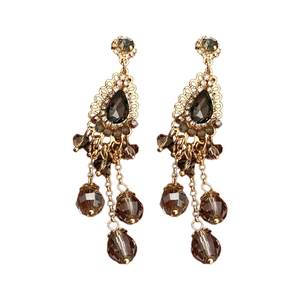 Bohemian crystal drop earrings with vintage tassels and dark grey rhinestones in gold tone