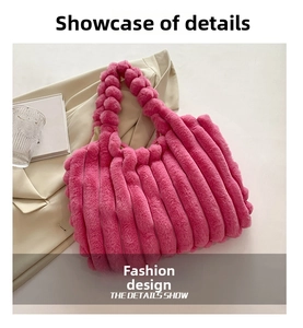 Detail of hot pink faux fur tote bag with vertical stripes and plush texture design
