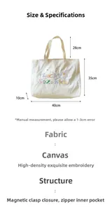 Guide des tailles détaillé pour cabas en toile brodée avec mesures et caractéristiques