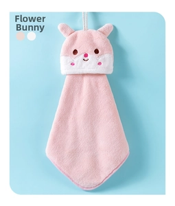 Close-up of pink coral velvet hand towel featuring a cute 3D bunny head with hanging rope
