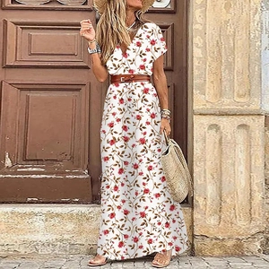 Bohemian V-neck floral maxi dress in white with red print and brown leather belt