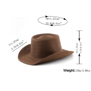 Detailed dimensions of the brown straw jazz hat with curled brim and dimensions marked