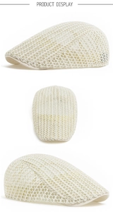 Three-angle view of beige summer breathable mesh beret cap with detail textures