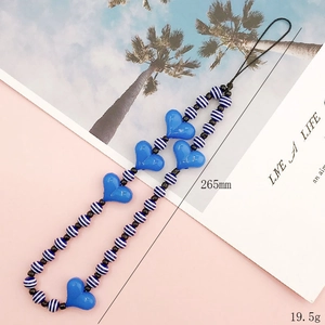 Blue acrylic heart and striped bead phone charm strap, 265mm length and 19.5g weight