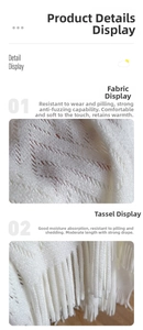 Detailed view of white knit shawl fabric showing intricate hollow patterns and tassel edges