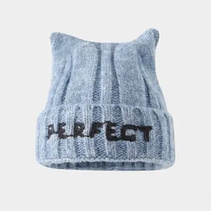 Light blue knit baby hat with cat ears and Perfect embroidery for winter warmth