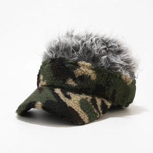 Detailed view of camo wig visor hat with thick gray synthetic hair and soft fleece fabric