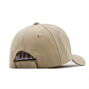 Rear view of khaki cotton baseball cap showing adjustable velcro strap and stitching