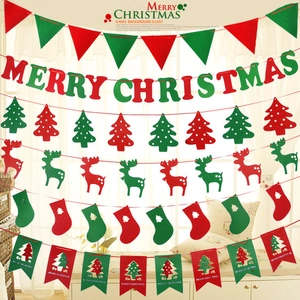 Christmas Felt Banner Garlands Red Green Reindeer Tree Socks Triangle Hanging Wall Window Party Store Decor Supplies